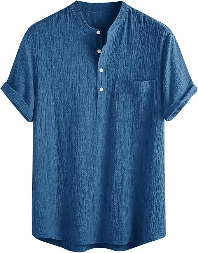 leyay 男士短袖亨利衬衫宽松休闲基本款上衣